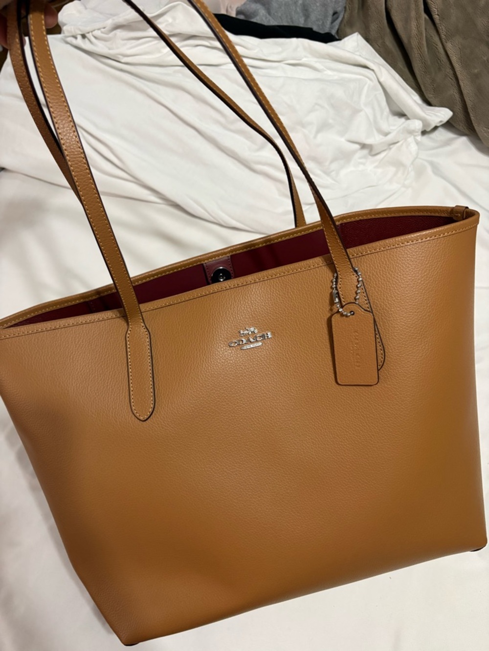 Coach Tan Leather Tote with Burgundy Interior